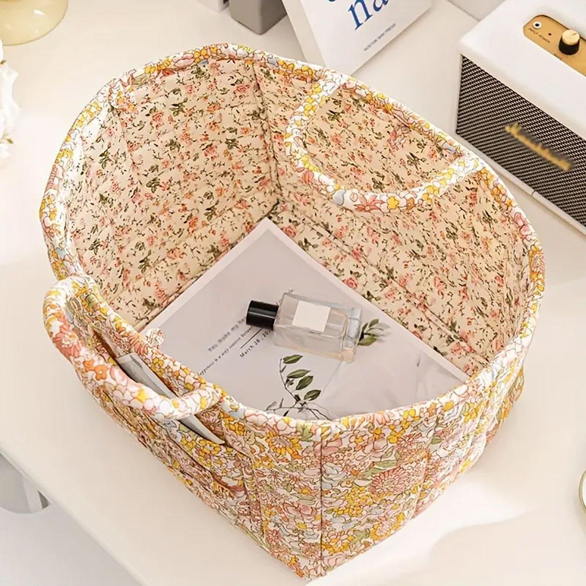 Portable Fabric Storage Basket Korean Pastoral Style Organizer for Home Sundries - Floral4