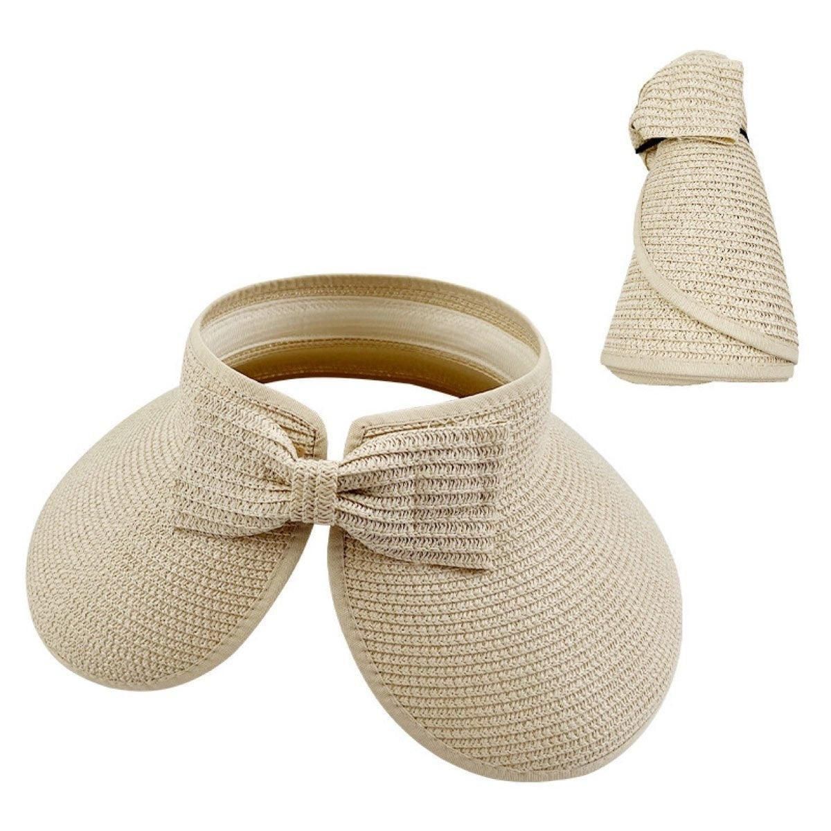 Women Roll Up Sun Visor Wide Brim Straw Hat Summer Foldable UV Protection Cap - Beige