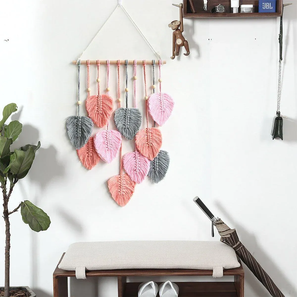 Handmade Braided Cotton Rope Leaves Wall Hanging Home Decoration Ornament - Khaki