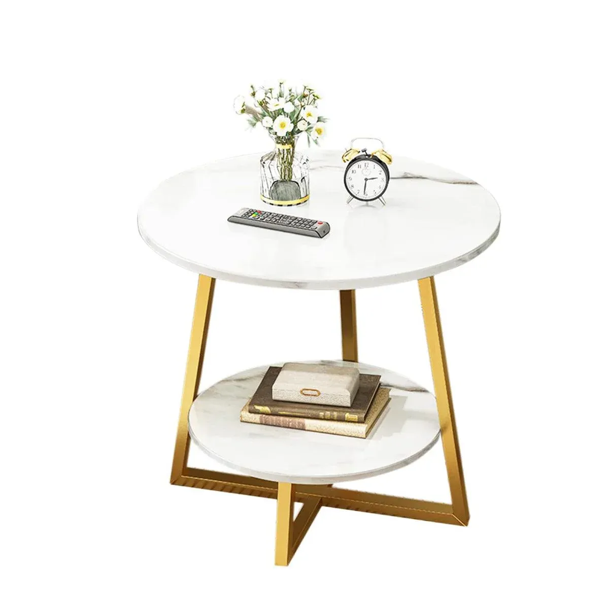 Round Side Table 2 Tier White Nightstand Coffee Sofa End Table Marble Design