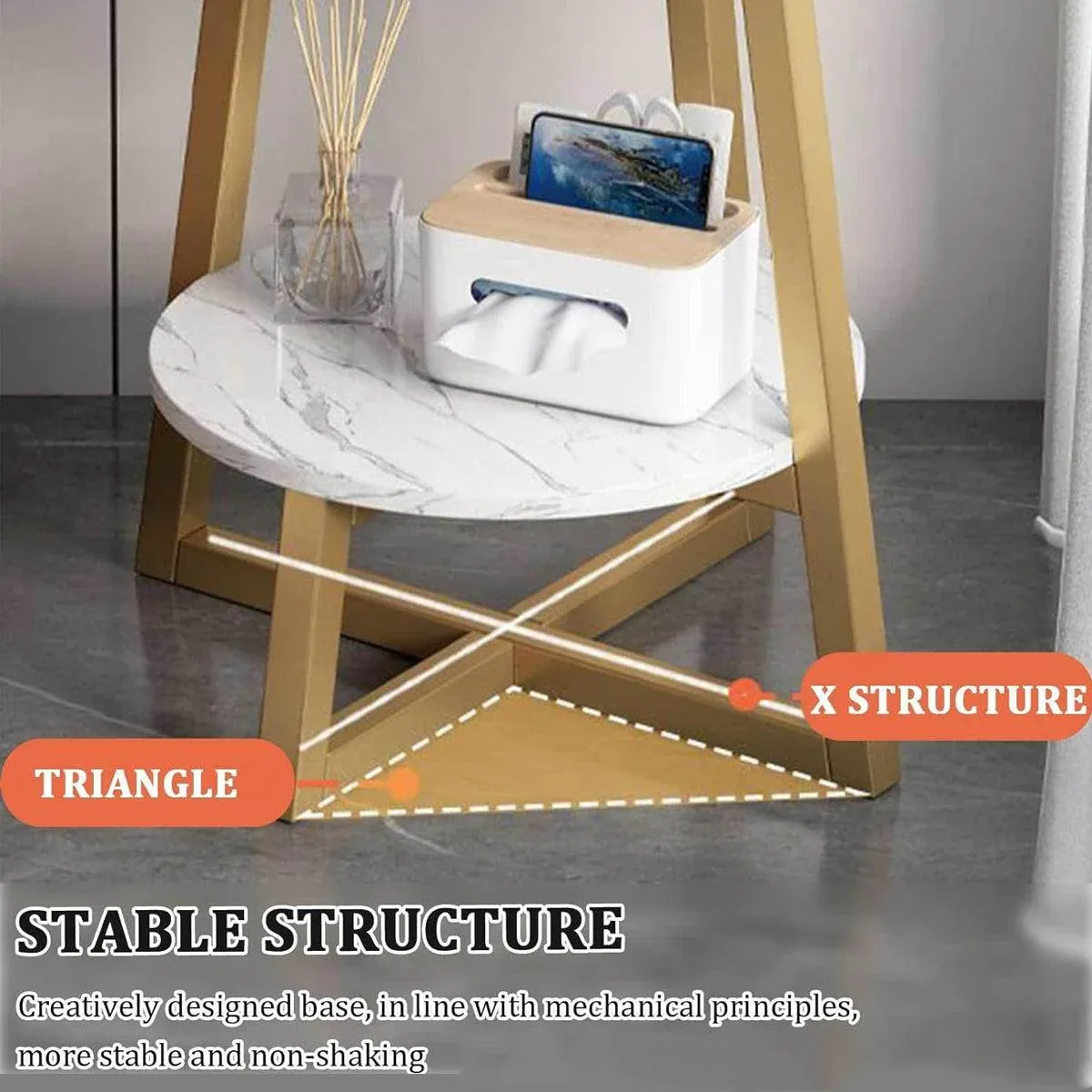 Round Side Table 2 Tier White Nightstand Coffee Sofa End Table Marble Design