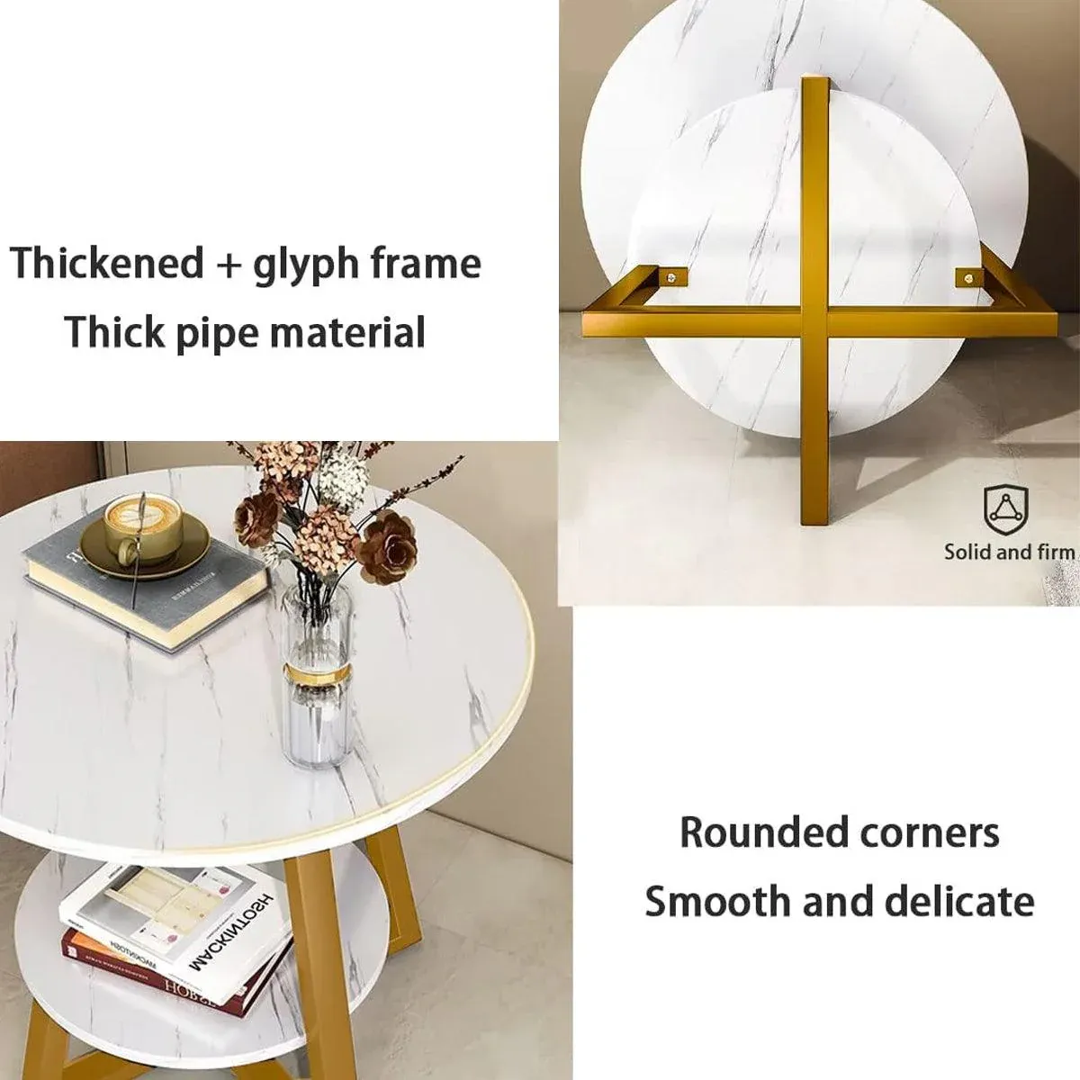 Round Side Table 2 Tier White Nightstand Coffee Sofa End Table Marble Design