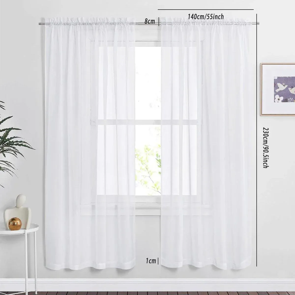Sheer Voile Curtains Rod Pocket Window Panel for Bedroom 140cm x 230cm Drapes - Black