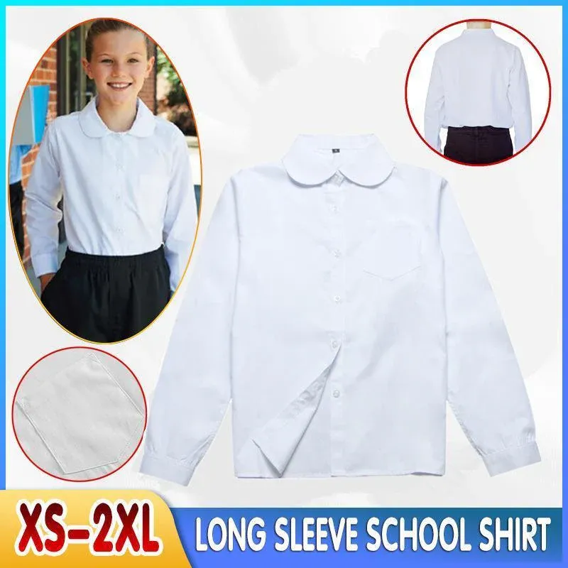 White Girls Peter Pan Collar Long Sleeve School Shirt with two button Adjustable Cuff - S