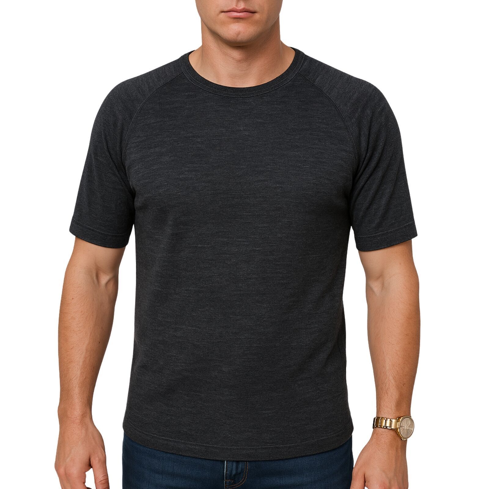 Mens Merino Wool Blend Thermal Top Short Sleeve Base Layer Warm - Black - XL