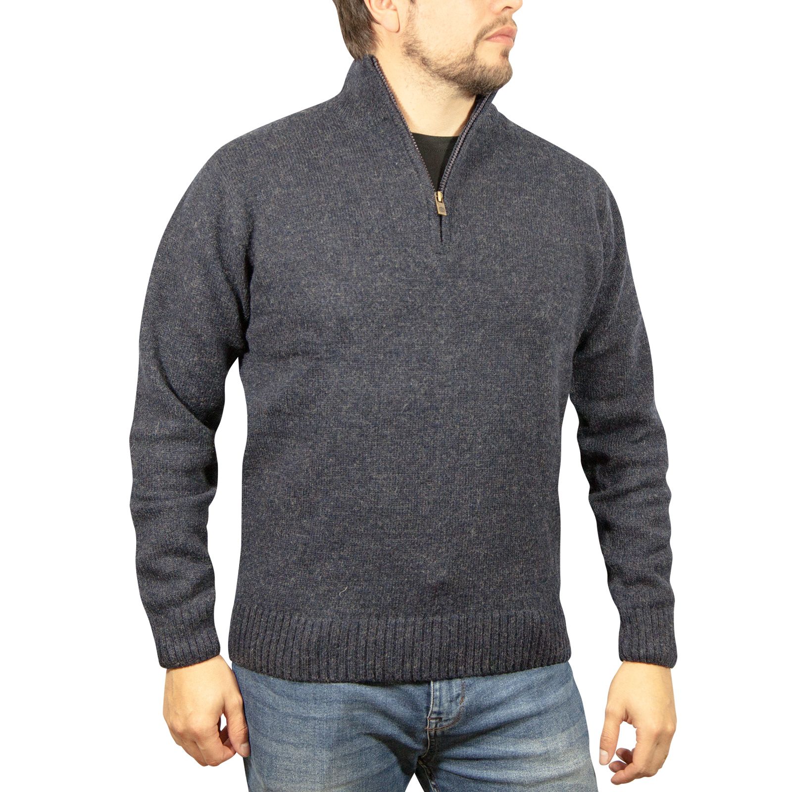 100% SHETLAND RAGG WOOL Half Zip Up Knit JUMPER Pullover Mens Sweater Knitted - Denim Blue - XXL