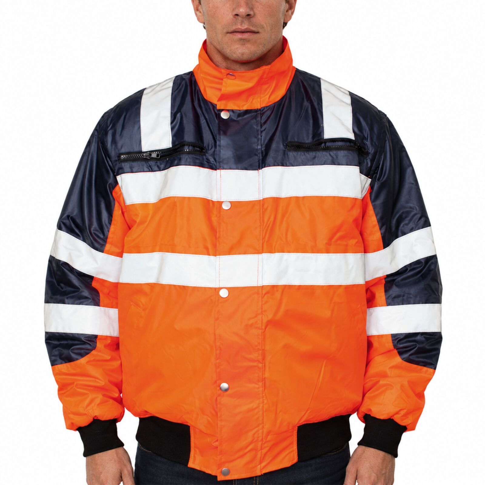 3-in-1 Hi Vis Safety Bomber Jacket Waterproof Reflective Quilted - Orange Navy - XL