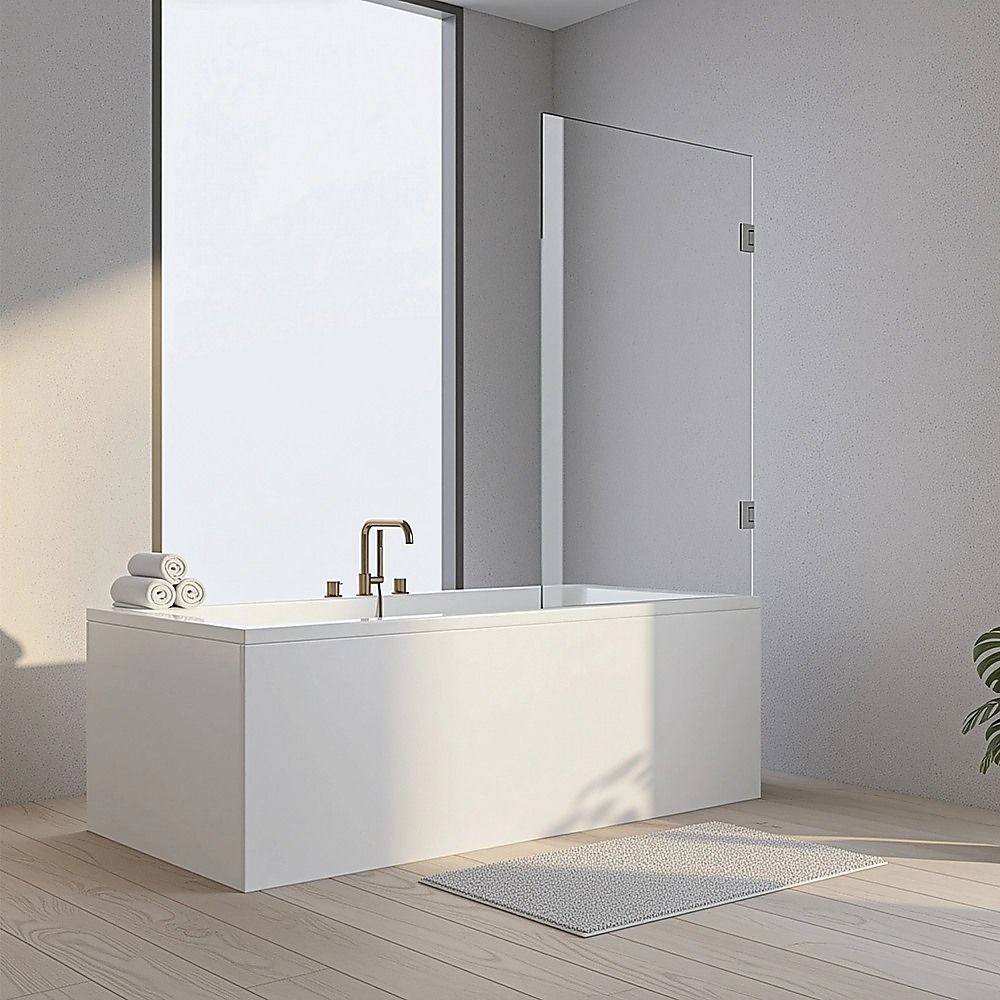70cm Frameless Swing Bath Screen – Gunmetal Hardware with Brass hinge for Modern Bathrooms