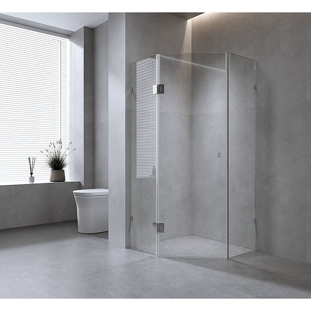 90cm Frameless Diamond Shower Screen – Black F-Brackets, Brass Hinges & Square Knob Handle