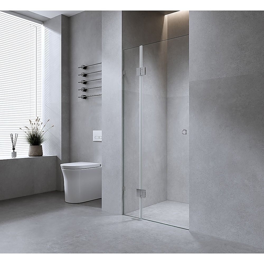 100cm Frameless Wall-to-Wall Shower Screen with Nickel Brackets & Brass Hinges – F-Brackets and Floor F-Bracket