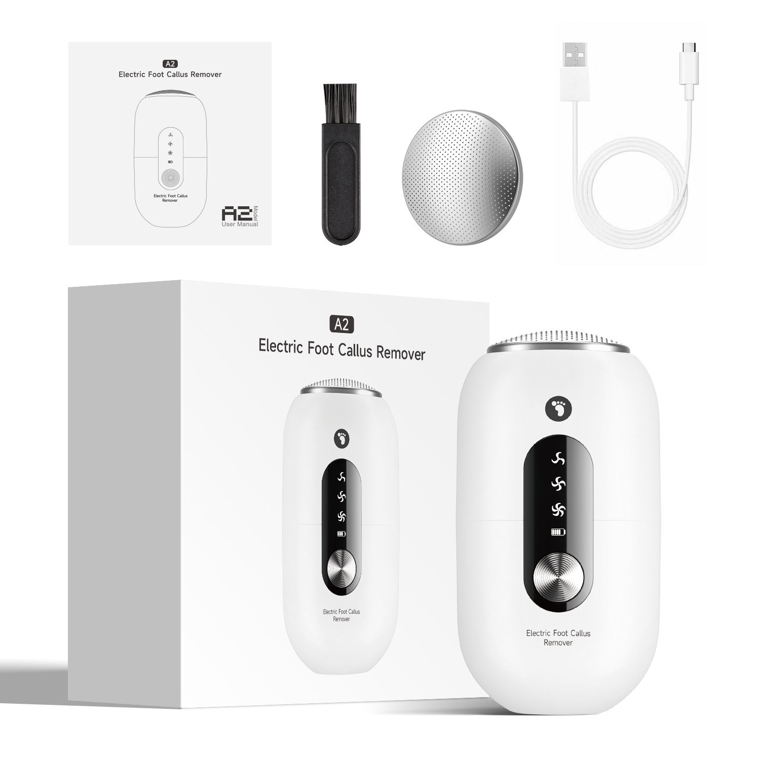 White 2-in-1 Electric Foot Care Device – Cordless Callus Remover & Skin Polisher with Dual Heads