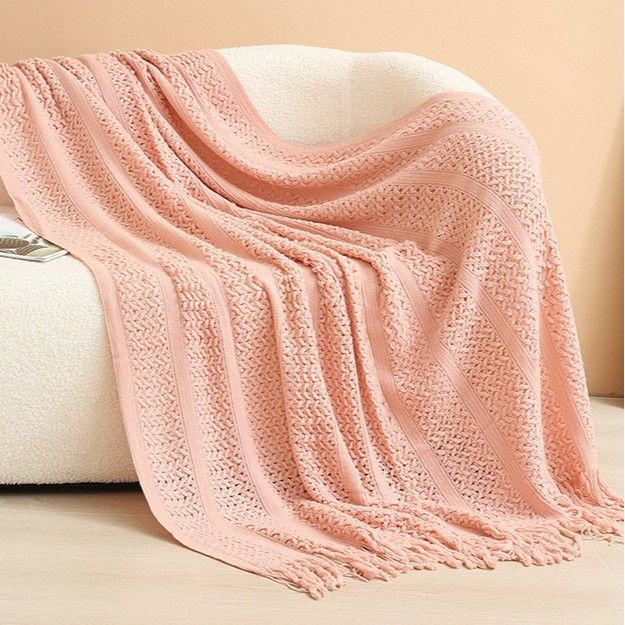 Pink Elegant Openwork Knitted Throw Blanket with Tassels - 130x230cm Large Decorative Soft Sofa Blanket for Living Room & Bedroom - Breathable Cozy Cover for Travel & Office Nap Pink Elegant Openwork Knitted Throw Blanket with Tassels - 130x230cm Large Decorative Soft Sofa Blanket for Living Room & Bedroom - Breathable Cozy Cover for Travel & Office Nap
