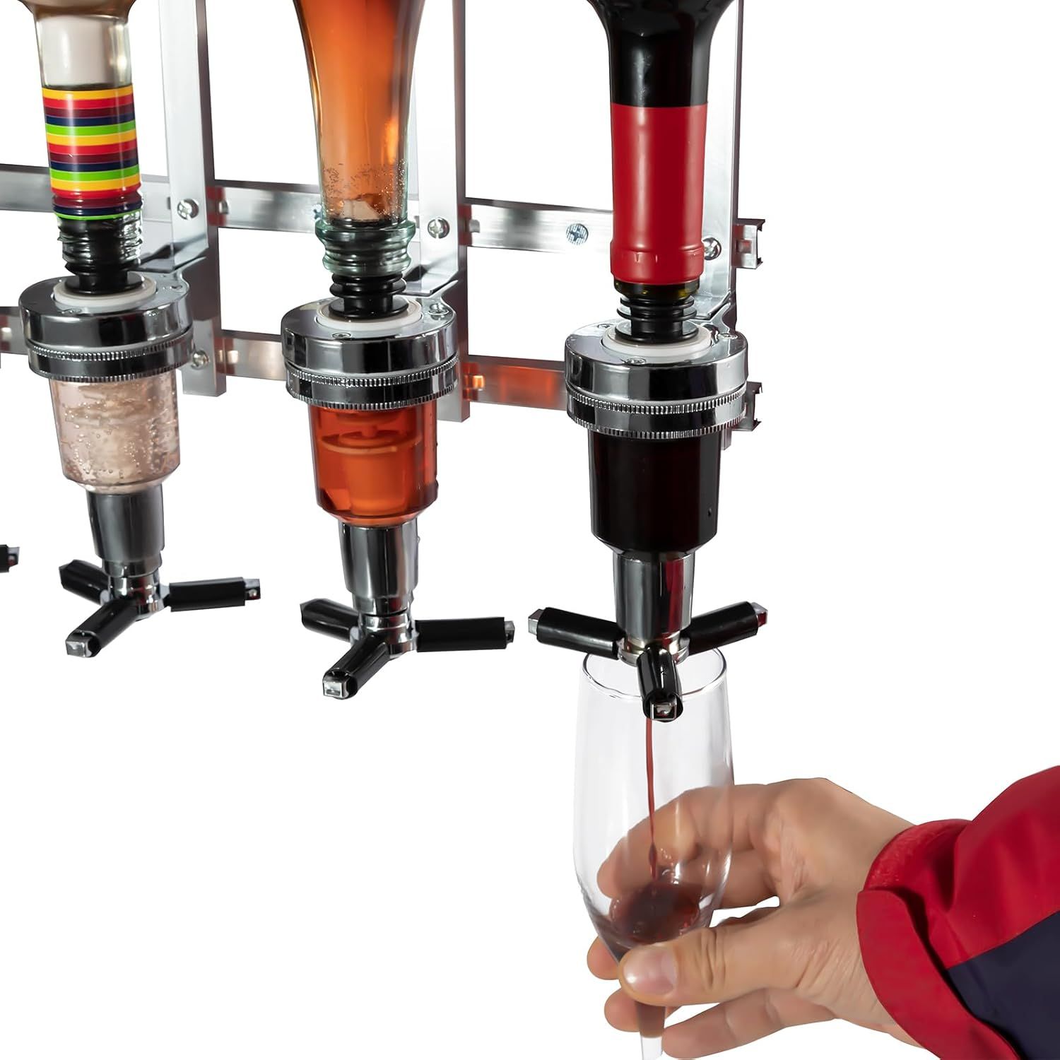 Professional Wall-Mounted Alcohol Tot Dispenser (6 Head) - Heavy Duty Adjustable Metal Wine Rack Decor with Spring-Loaded Bottle Holder