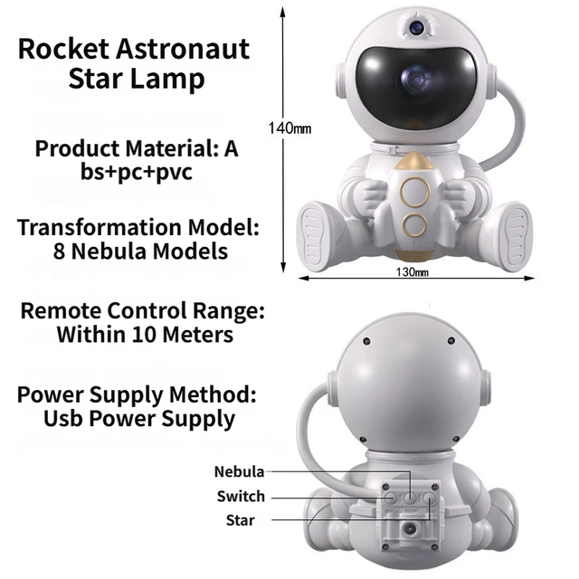 USB Powered Astronaut Nebula Projector & Starry Night Ambient Light with Small Rocket Accents - 8 Nebula Effects