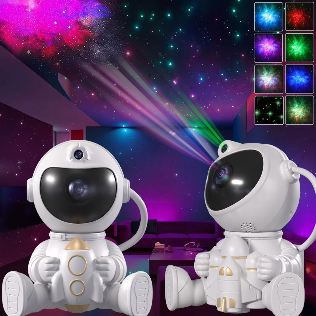 USB Powered Astronaut Nebula Projector & Starry Night Ambient Light with Small Rocket Accents - 8 Nebula Effects