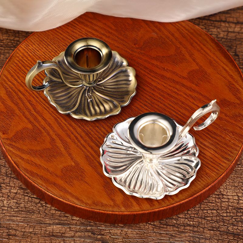 Gold European Vintage Handheld Chamberstick with Finger Loop - Minimalist Metal Candlestick Tray for Weddings