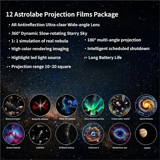 Portable USB Galaxy Night Light Projector with 12 Projection Films - Touch-Controlled Rotating Starry Sky Lamp for Bedroom