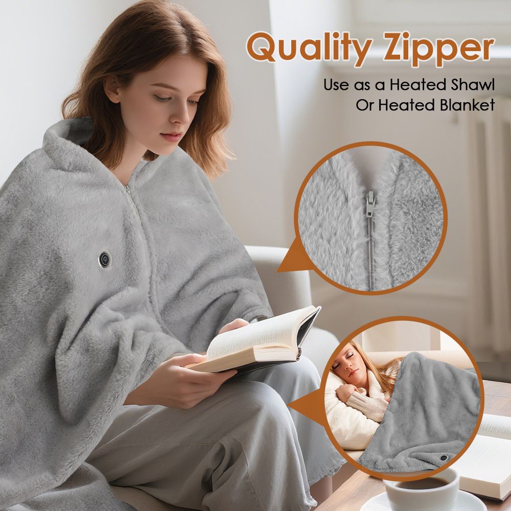147x82CM Grey Soft Faux Rabbit Fur USB Powered Heated Shawl Blanket with Wearable Zipper