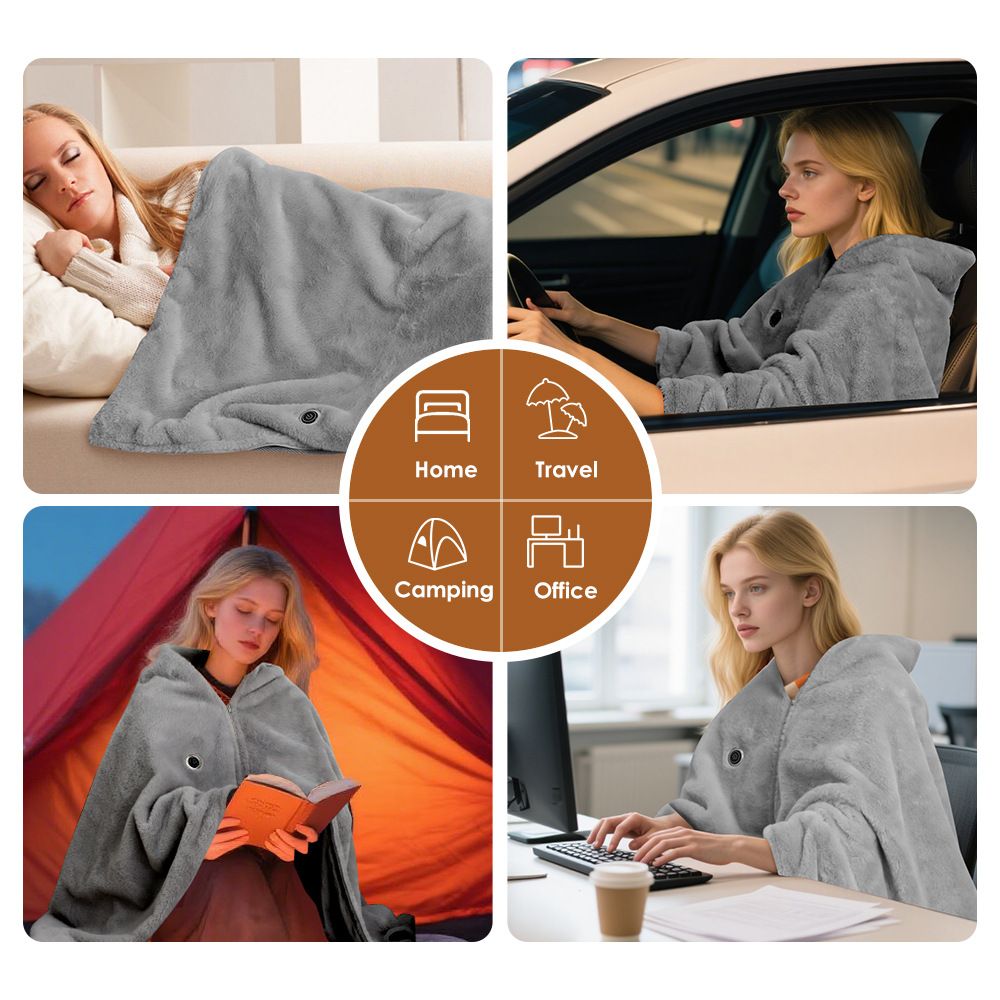 147x82CM Grey Soft Faux Rabbit Fur USB Powered Heated Shawl Blanket with Wearable Zipper