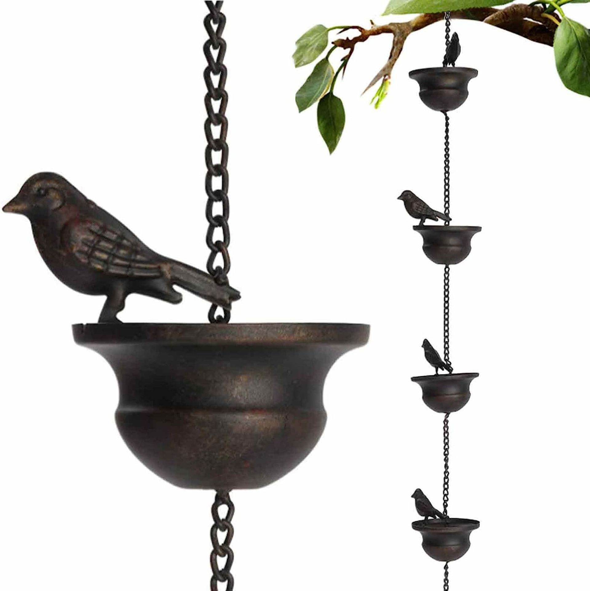 Vintage Metal Bird Shaped Rain Chain Catcher - 23.6 Inches Decorative Hanging Gutter Chains with 4 Iron Birds and Cups - Drain Garden Mobile Birds Steering Wheel for Soothing Rain Sounds Vintage Metal Bird Shaped Rain Chain Catcher - 23.6 Inches Decorative Hanging Gutter Chains with 4 Iron Birds and Cups - Drain Garden Mobile Birds Steering Wheel for Soothing Rain Sounds
