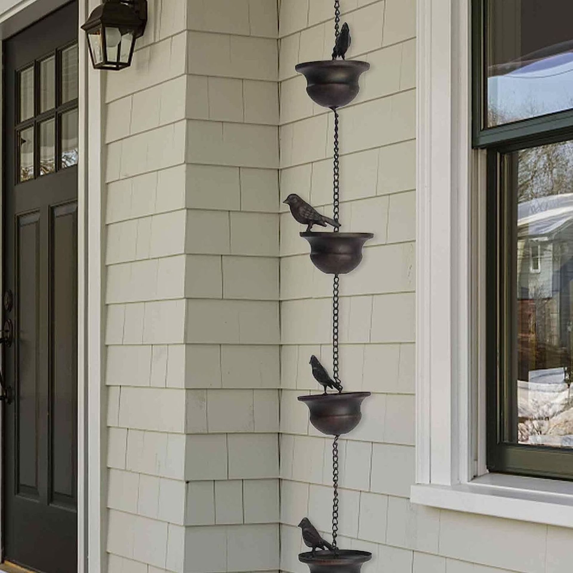 Vintage Metal Bird Shaped Rain Chain Catcher - 23.6 Inches Decorative Hanging Gutter Chains with 4 Iron Birds and Cups - Drain Garden Mobile Birds Steering Wheel for Soothing Rain Sounds