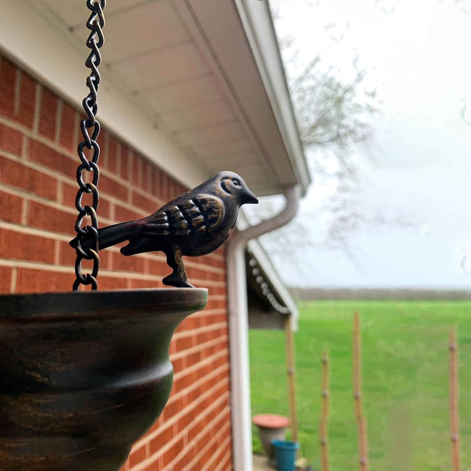 Vintage Metal Bird Shaped Rain Chain Catcher - 94 Inches Decorative Hanging Gutter Chains with 8 Iron Birds and Cups - Drain Garden Mobile Birds Steering Wheel for Soothing Rain Sounds