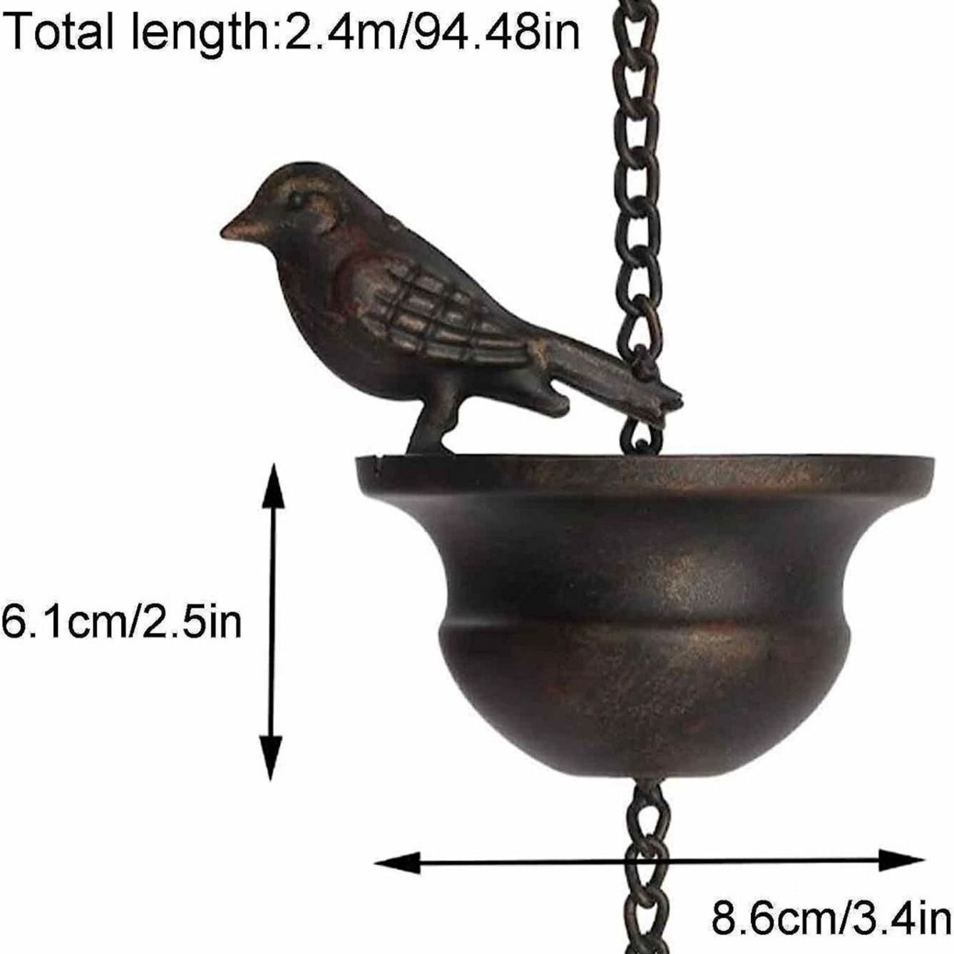 Vintage Metal Bird Shaped Rain Chain Catcher - 94 Inches Decorative Hanging Gutter Chains with 8 Iron Birds and Cups - Drain Garden Mobile Birds Steering Wheel for Soothing Rain Sounds
