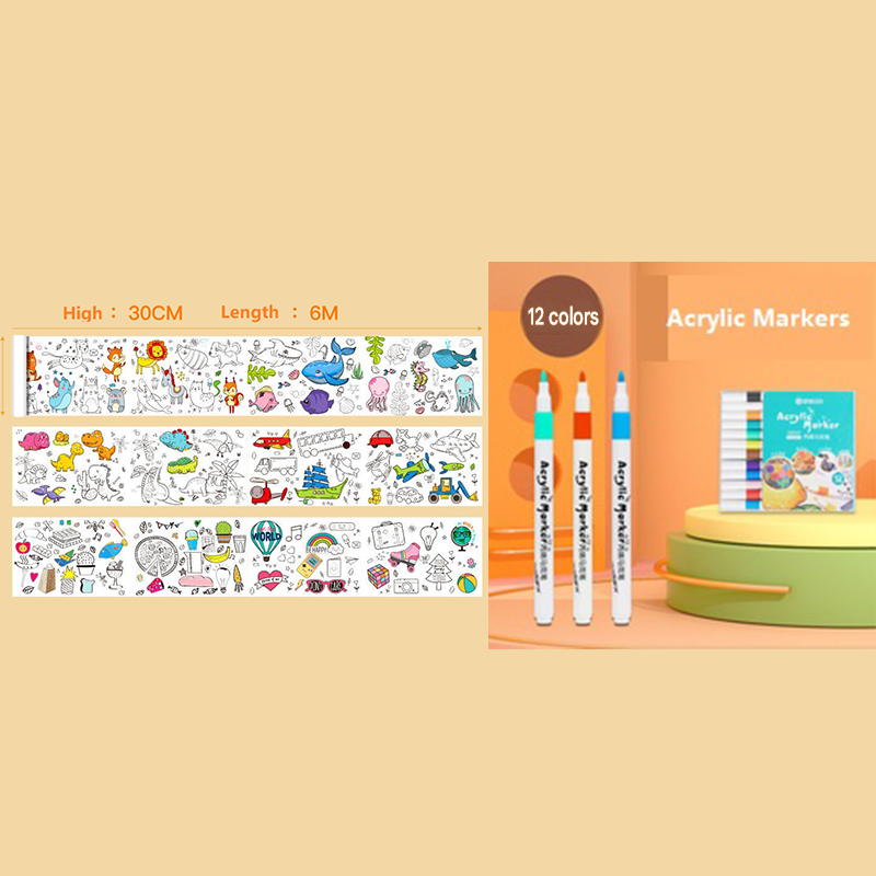 2 Piece- 6M Kids Coloring Scroll Drawing Paper and 12-Color Marker Set, Giant Doodle Art Mural for Wall, Jumbo Coloring Poster Roll, Creative Art Activity for Ages 3+