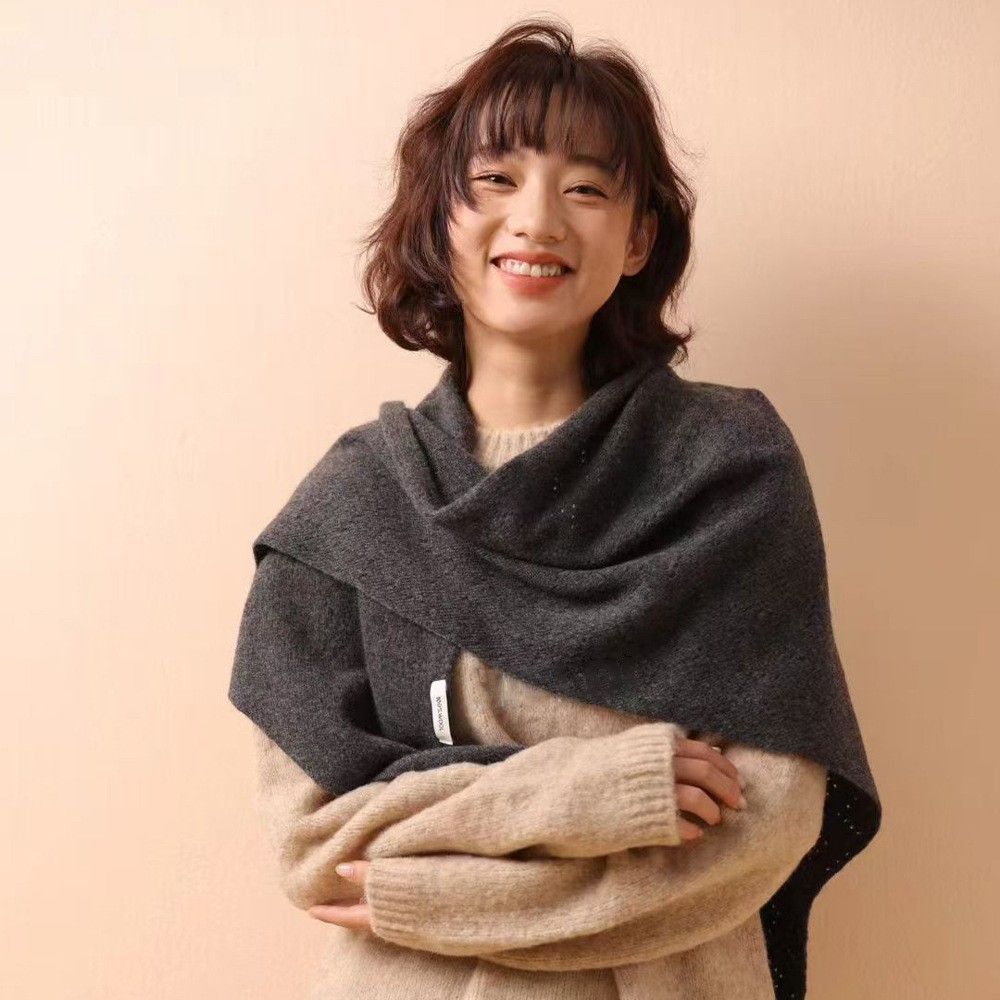 Beige Women%27s Wool Blend Triangle Shawl - 70x180cm Knitted Winter Wrap - Warm Thick Solid Colour Poncho Scarf