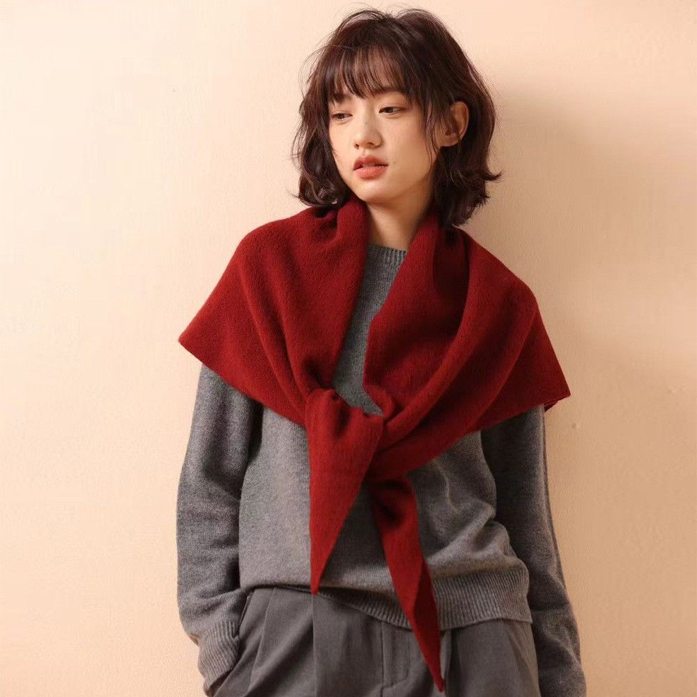 Beige Women%27s Wool Blend Triangle Shawl - 70x180cm Knitted Winter Wrap - Warm Thick Solid Colour Poncho Scarf