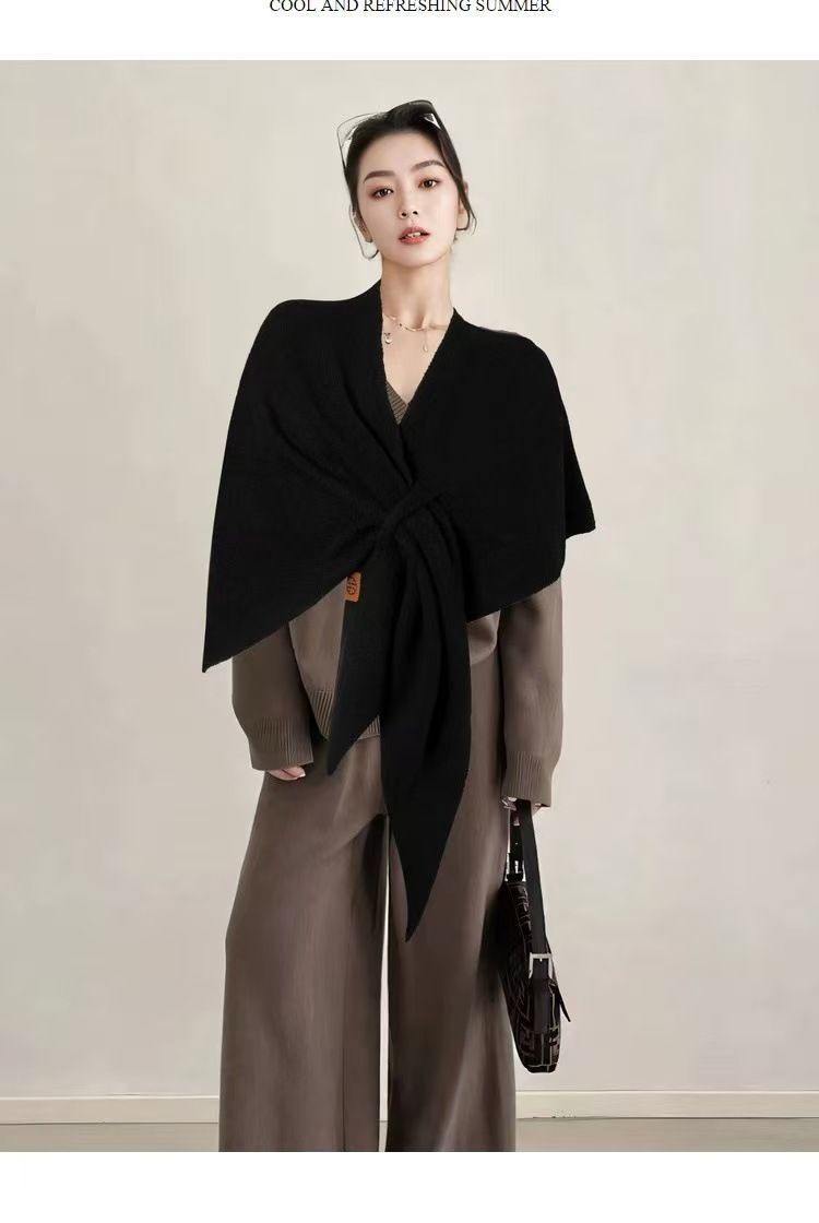 Beige Women%27s Wool Blend Triangle Shawl - 70x180cm Knitted Winter Wrap - Warm Thick Solid Colour Poncho Scarf