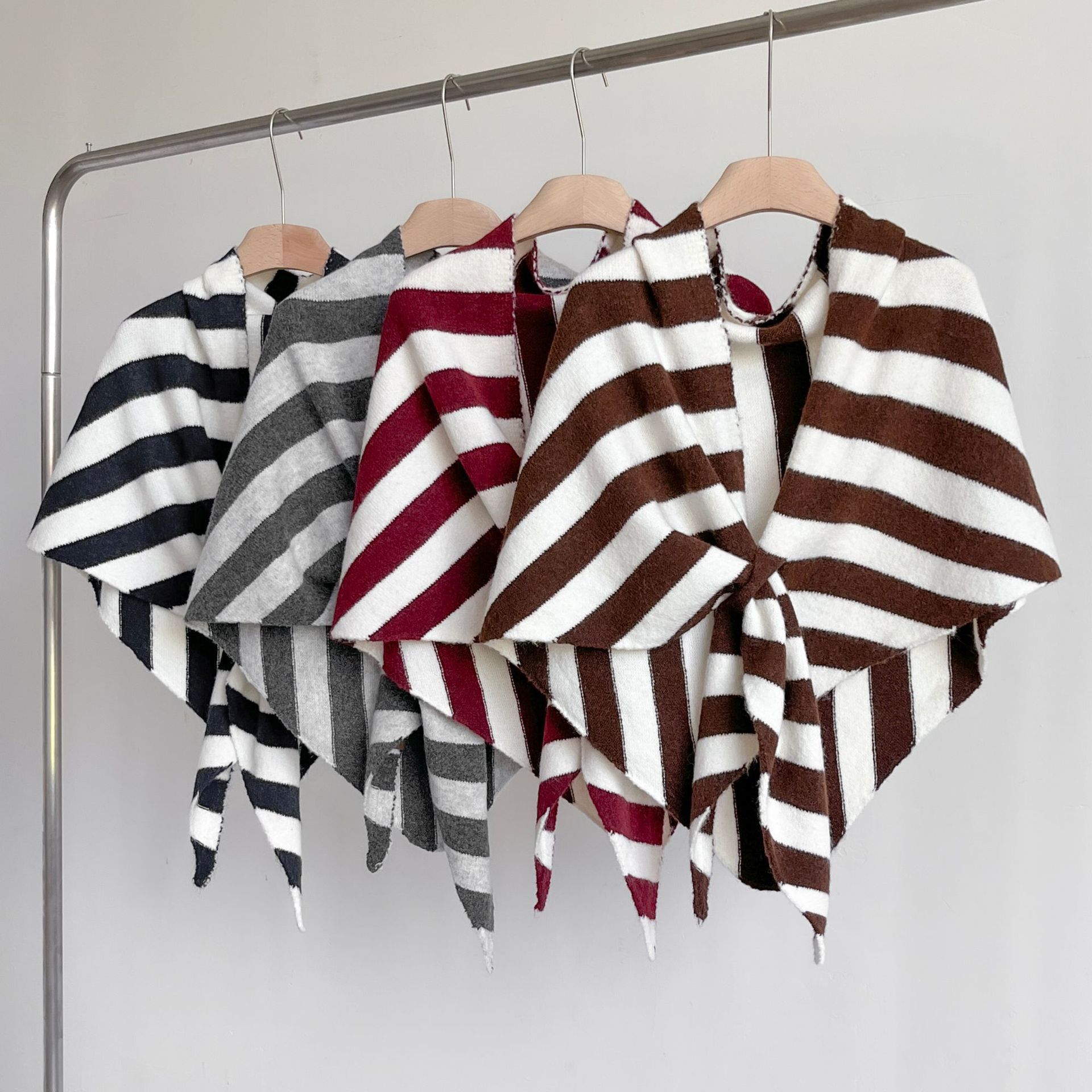 Red Striped Women%27s Triangle Shawl Cape - Soft Knit Faux Cashmere Poncho Wrap