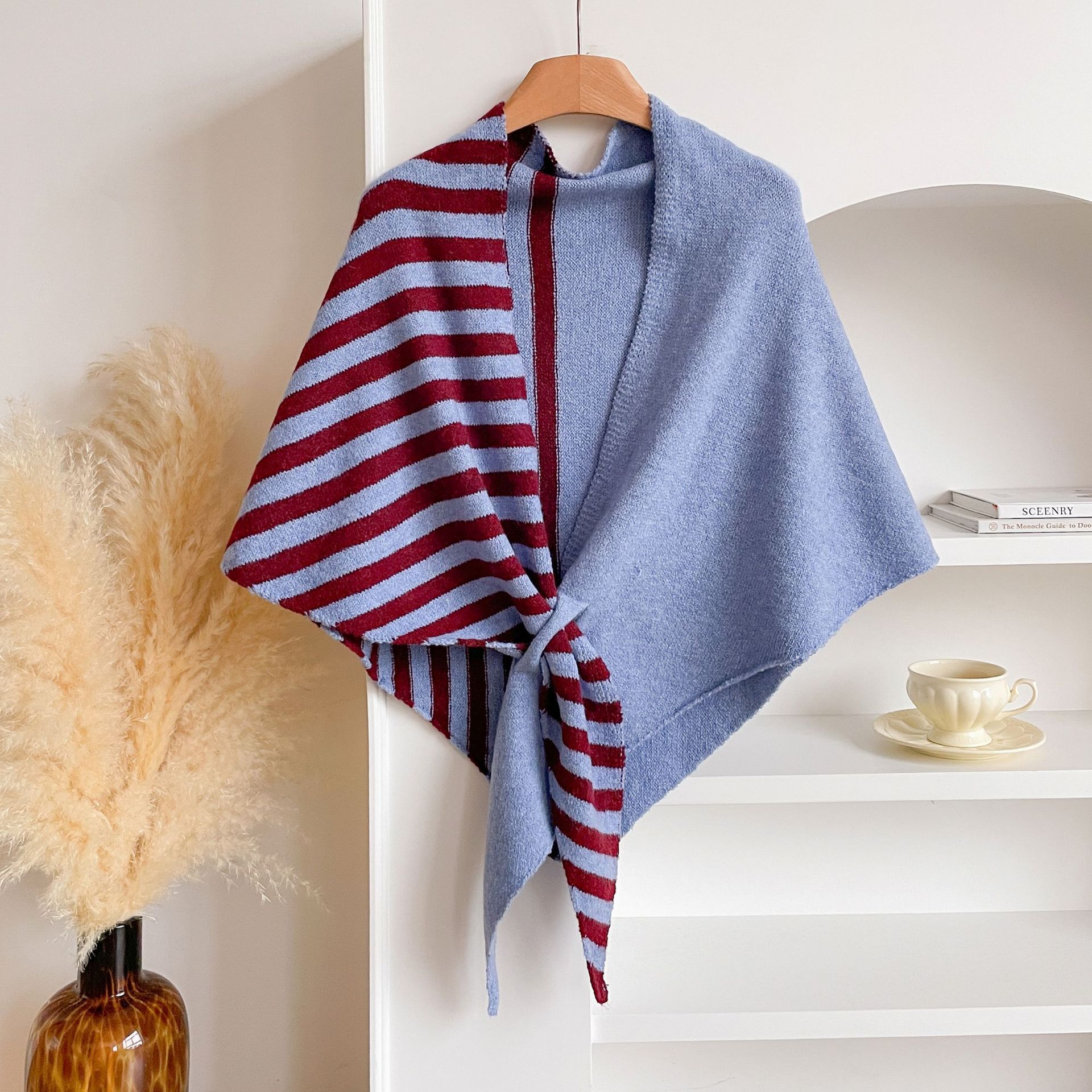 Black and Grey Color blocking Striped Women%27s Triangle Shawl Cape - Soft Knit Faux Cashmere Poncho Wrap