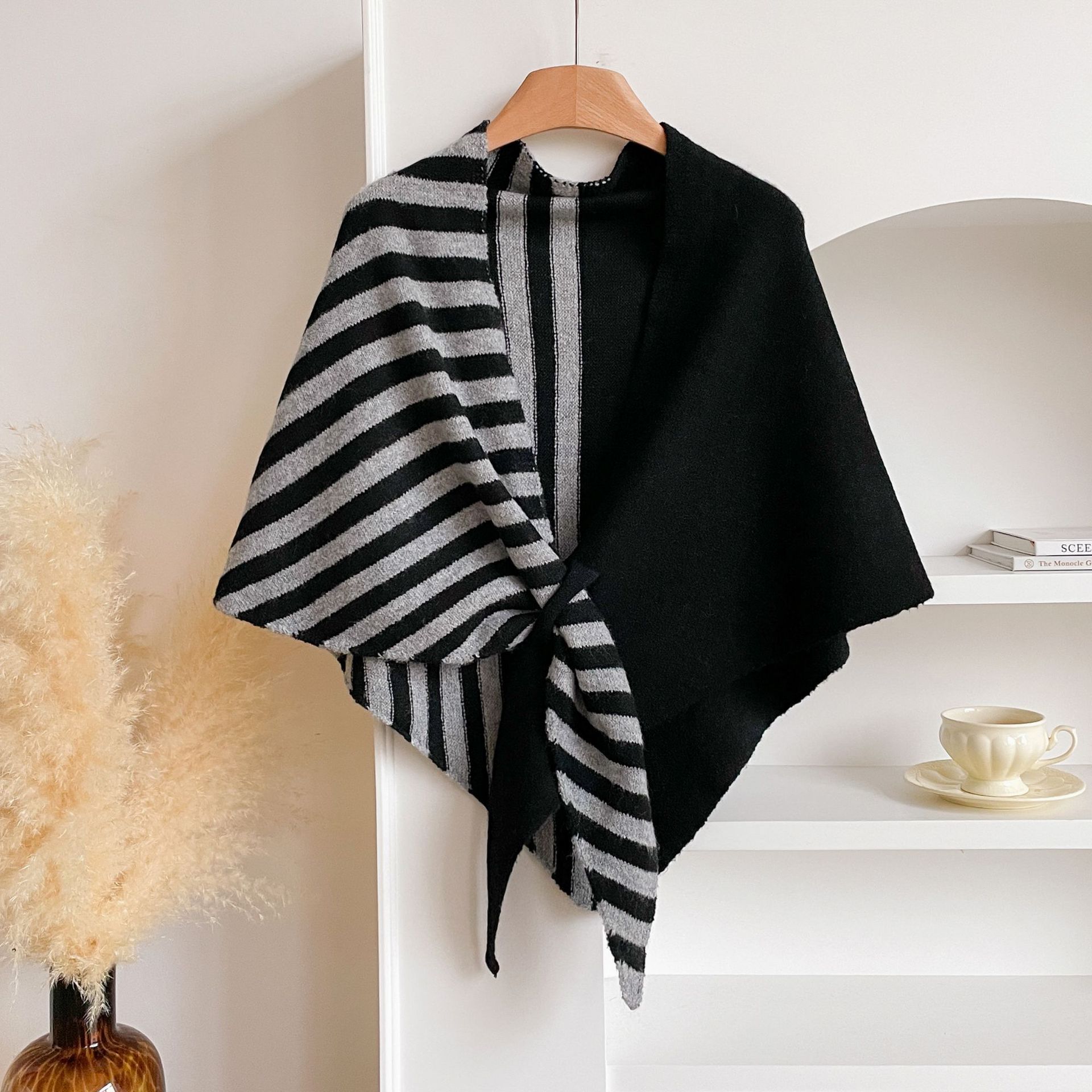 Blue and Red Color blocking Striped Women%27s Triangle Shawl Cape - Soft Knit Faux Cashmere Poncho Wrap