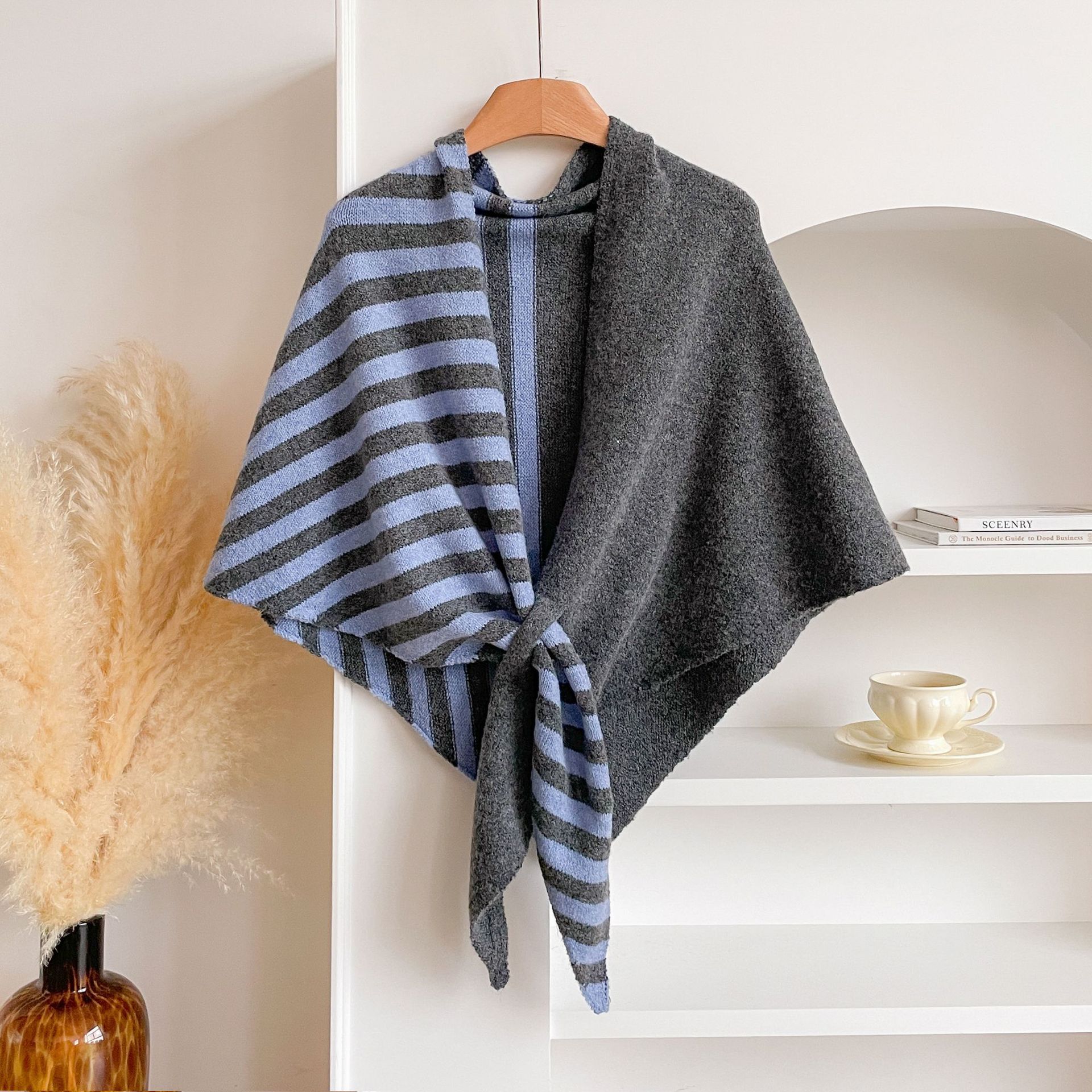 Blue and Red Color blocking Striped Women%27s Triangle Shawl Cape - Soft Knit Faux Cashmere Poncho Wrap