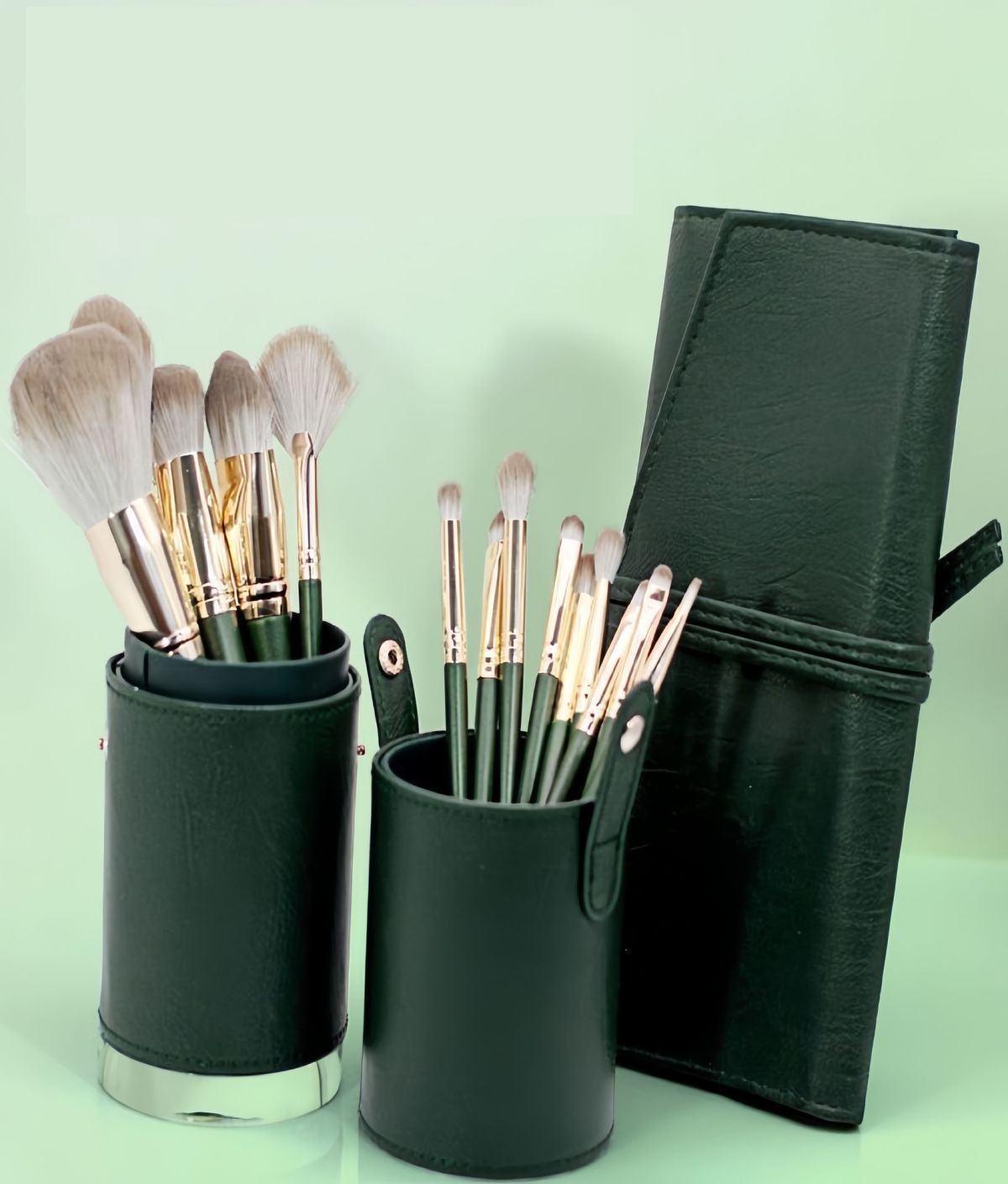 14-Piece Green storage bucketSynthetic Fibre Makeup Brush Set - Soft Bristles, Long Handles, Complete Face and Eye Kit, Beginner Friendly Beauty Tools for Foundation, Blush, and Eyeshadow Application