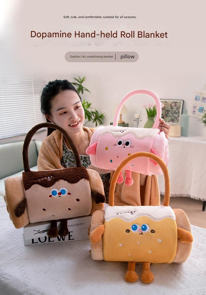 Brown Puppy 80*100cm Cartoon Hand-Carry Roll-Up Blanket - Plush Flannel Nap Blanket with Pillow Function