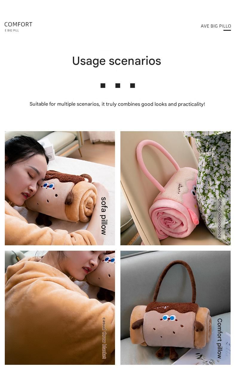 Brown 100*170cm Cartoon Hand-Carry Roll-Up Blanket - Plush Flannel Nap Blanket with Pillow Function