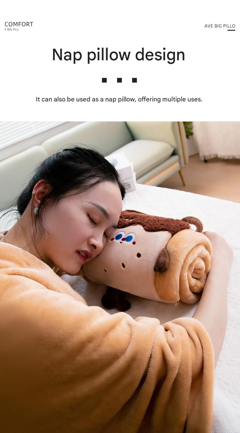 Orange 80*100cm Cartoon Hand-Carry Roll-Up Blanket - Plush Flannel Nap Blanket with Pillow Function