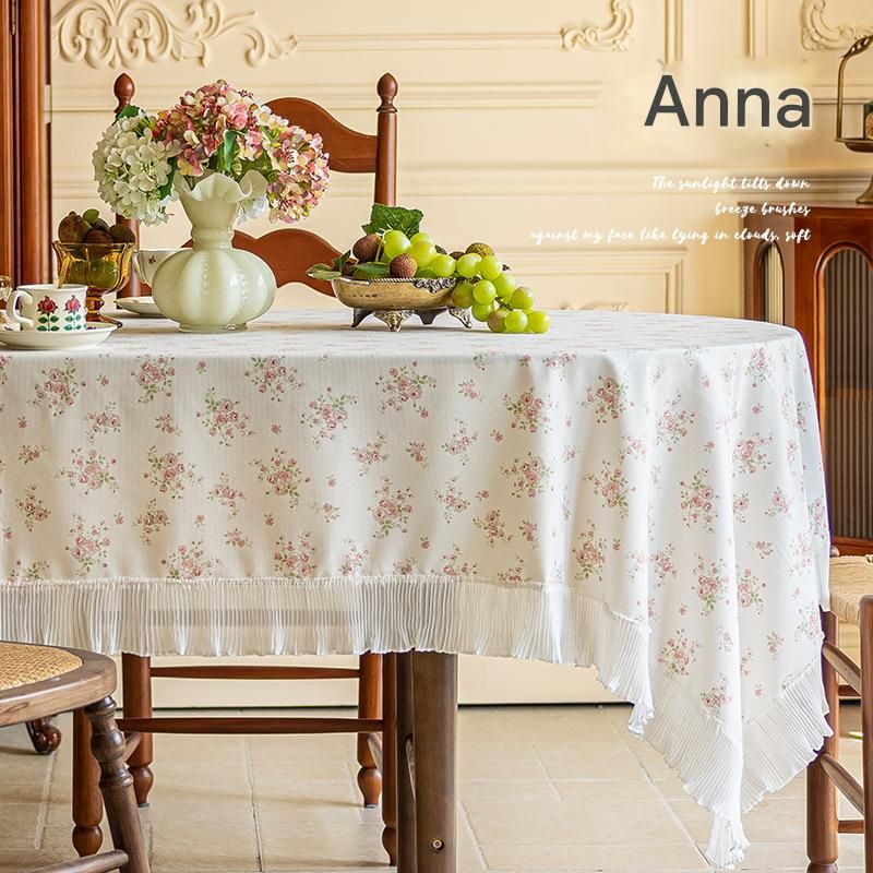 cream-colored 135*135 Dimensions include lace French Vintage Tablecloth - Pearl Yarn Polyester with Pleated Ruffle Edge - Floral Print Table Cover for Dining cream-colored 135*135 Dimensions include lace French Vintage Tablecloth - Pearl Yarn Polyester with Pleated Ruffle Edge - Floral Print Table Cover for Dining