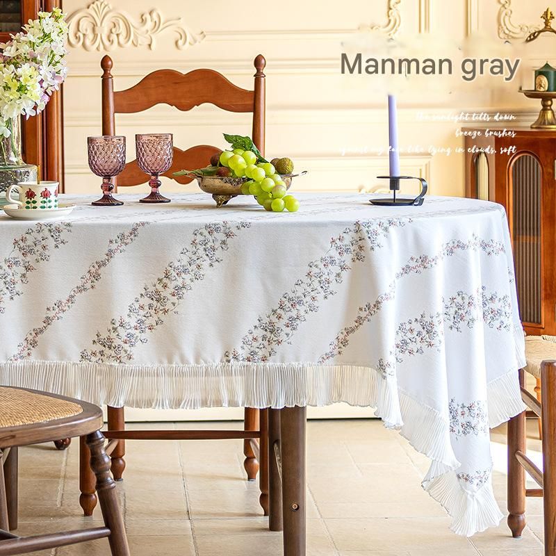 Grey 90*90 Dimensions include lace French Vintage Tablecloth - Pearl Yarn Polyester with Pleated Ruffle Edge - Floral Print Table Cover for Dining Grey 90*90 Dimensions include lace French Vintage Tablecloth - Pearl Yarn Polyester with Pleated Ruffle Edge - Floral Print Table Cover for Dining