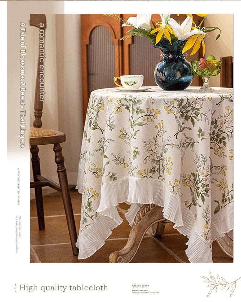 Grey 135*135 Dimensions include lace French Vintage Tablecloth - Pearl Yarn Polyester with Pleated Ruffle Edge - Floral Print Table Cover for Dining