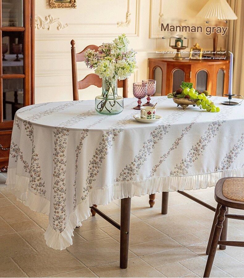 Grey 135*135 Dimensions include lace French Vintage Tablecloth - Pearl Yarn Polyester with Pleated Ruffle Edge - Floral Print Table Cover for Dining