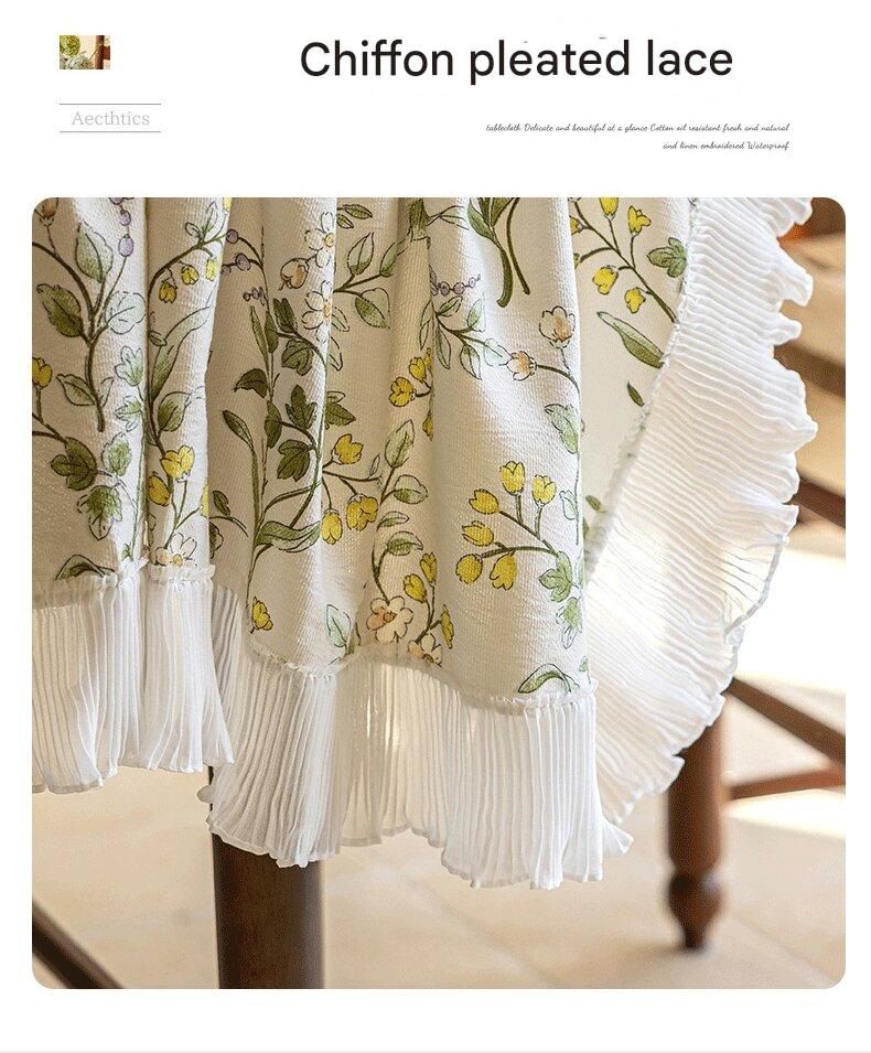Grey 135*200 Dimensions include lace French Vintage Tablecloth - Pearl Yarn Polyester with Pleated Ruffle Edge - Floral Print Table Cover for Dining