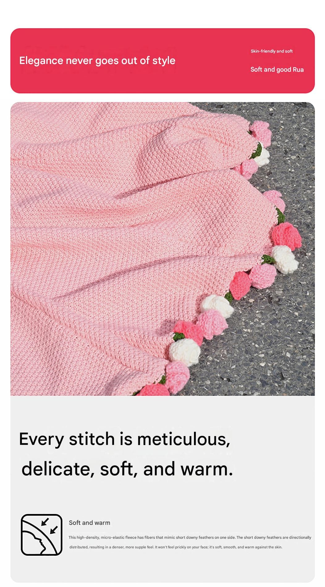Pink and White Diameter: 80 cm -33 Woven Flowers Handmade Rose Bouquet Knit Blanket - Soft Pink Acrylic Throw with 3D Crochet Flowers - Perfect Gift for Her