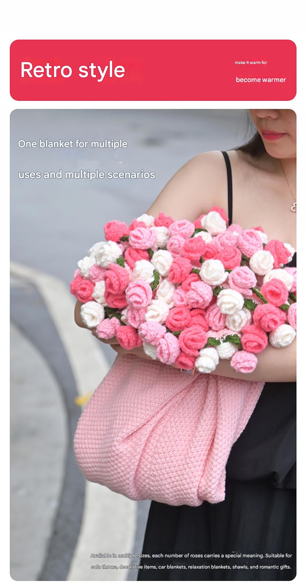 Pink and White Diameter: 80 cm -33 Woven Flowers Handmade Rose Bouquet Knit Blanket - Soft Pink Acrylic Throw with 3D Crochet Flowers - Perfect Gift for Her