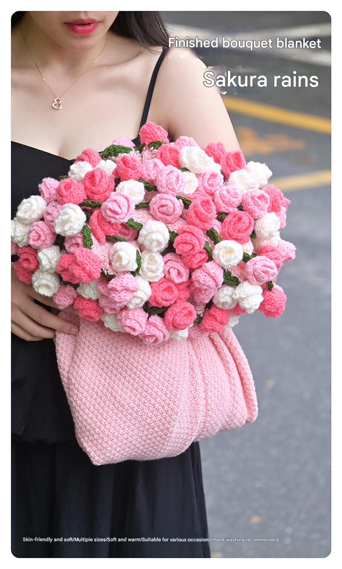 Pink and White Diameter: 120 cm -52 Woven Flowers Handmade Rose Bouquet Knit Blanket - Soft Pink Acrylic Throw with 3D Crochet Flowers - Perfect Gift for Her