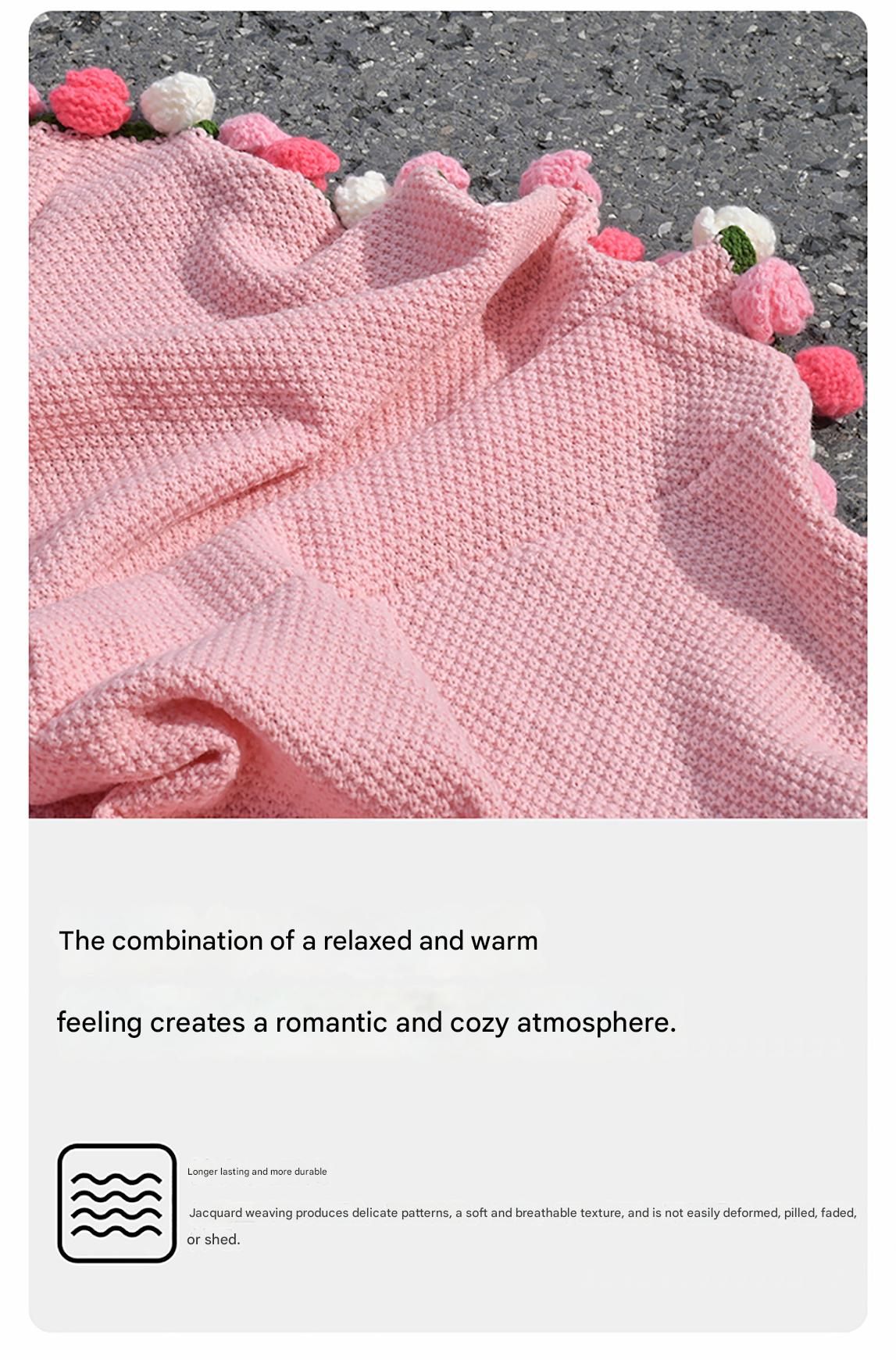 Pink and White Diameter: 120 cm -52 Woven Flowers Handmade Rose Bouquet Knit Blanket - Soft Pink Acrylic Throw with 3D Crochet Flowers - Perfect Gift for Her