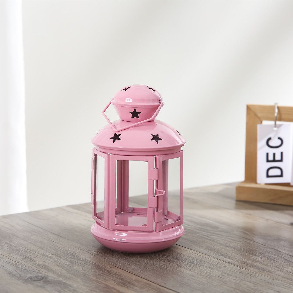 Pink European Style Star Cutout Metal Candle Lantern - Handcrafted Iron & Glass Decorative Lamp for Christmas Pink European Style Star Cutout Metal Candle Lantern - Handcrafted Iron & Glass Decorative Lamp for Christmas