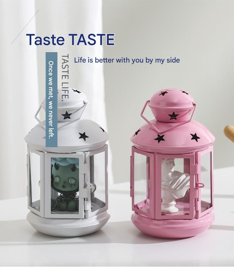 Pink European Style Star Cutout Metal Candle Lantern - Handcrafted Iron & Glass Decorative Lamp for Christmas